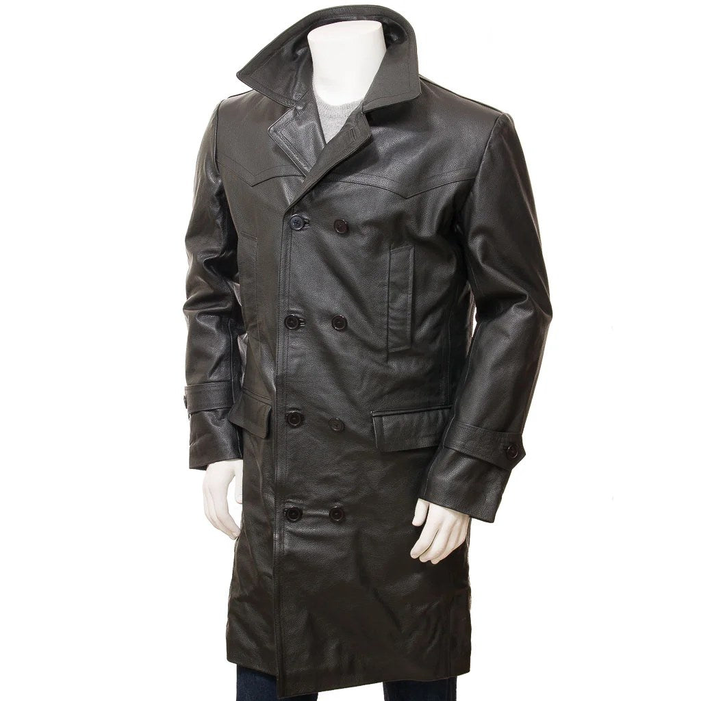 MEN BLACK LEATHER TRENCH COAT CAMDEN