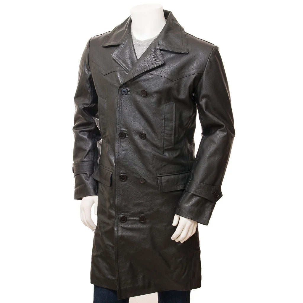 MEN BLACK LEATHER TRENCH COAT CAMDEN