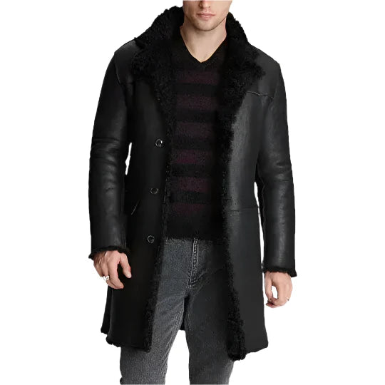Mens Black Shearling Leather Trench Coat