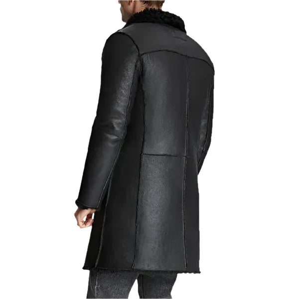 Mens Black Shearling Leather Trench Coat
