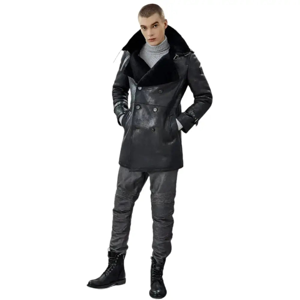 Men’s Black Shearling Long Trench Coat