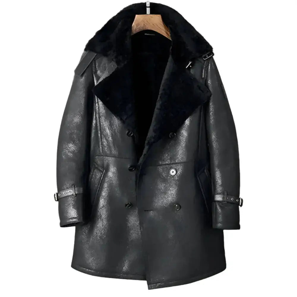 Men’s Black Shearling Long Trench Coat