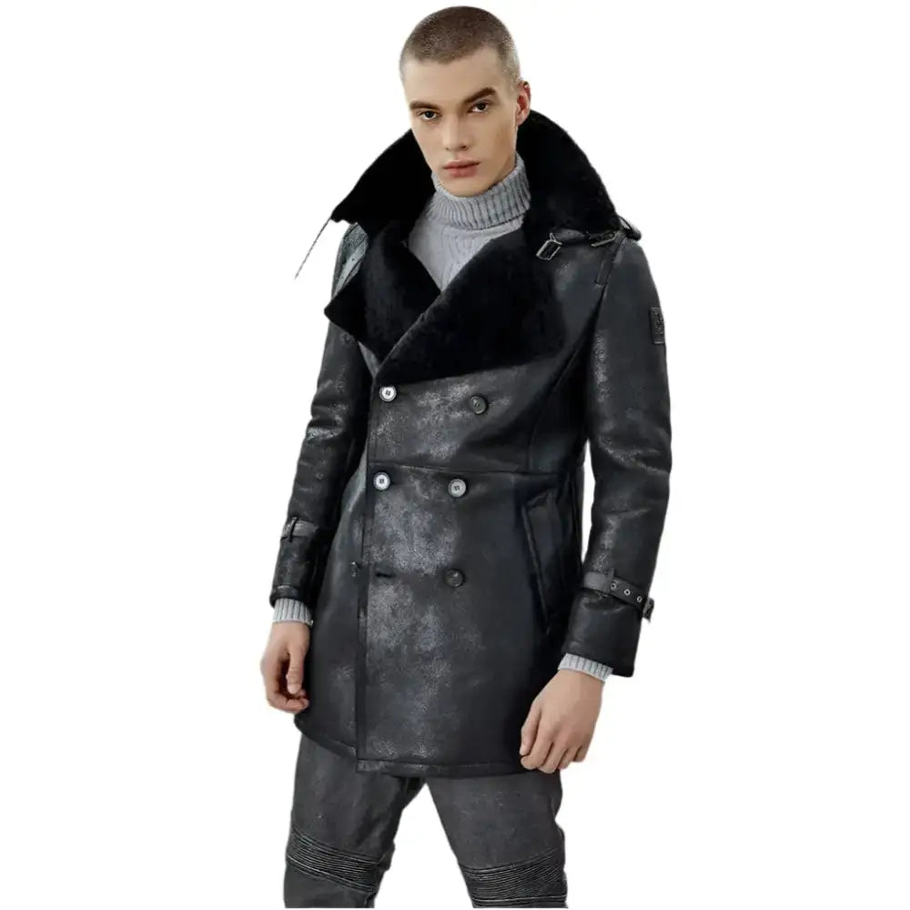 Men’s Black Shearling Long Trench Coat