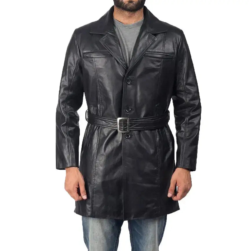 Men’s Black Sheepskin Leather Trench Coat