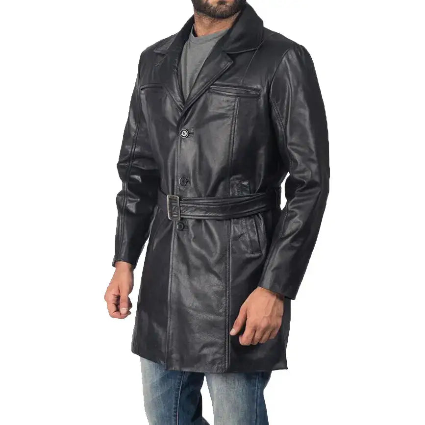 Men’s Black Sheepskin Leather Trench Coat