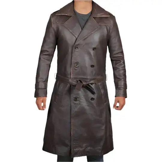 Mens Distressed Brown Leather Trench Coat