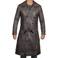 Mens Distressed Brown Leather Trench Coat