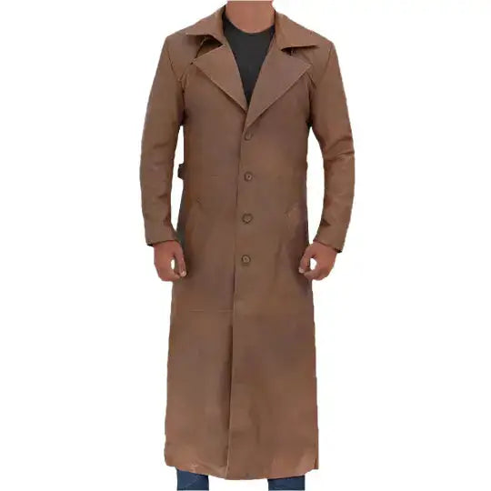 Mens Long Brown Leather Trench Coat