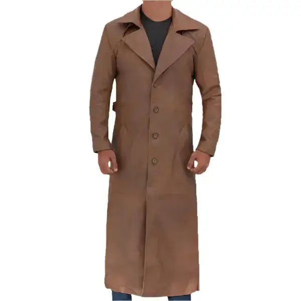 Mens Long Brown Leather Trench Coat