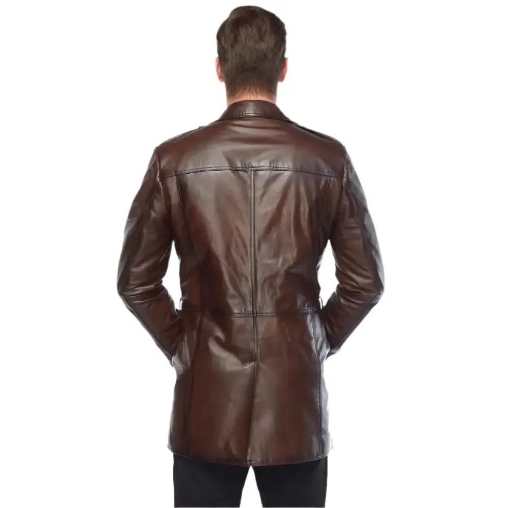 Vintage Brown Leather Trench Coat Men