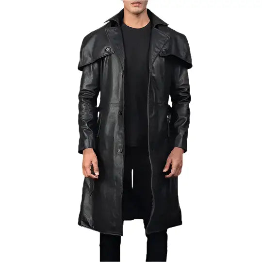 Sleek Black Leather Trench Coat